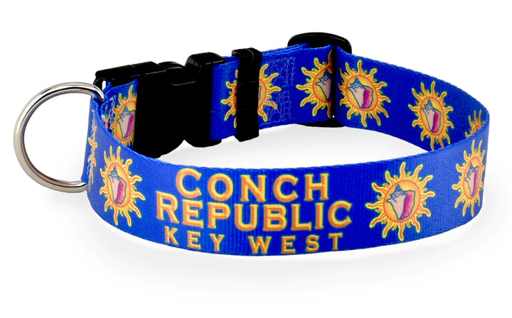 Blue dog collar with 'Conch Republic Key West' text and sun design on a white background