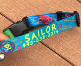 Personalized dog collar with the dog Sailor's name on it and yoga dharma symbols on the collar artwork