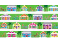 dog collar with key west conch houses in various pastel colors with bicycles and palm trees on a lime green background