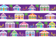 dog collar with key west conch houses in various pastel colors with bicycles and palm trees on a purple background